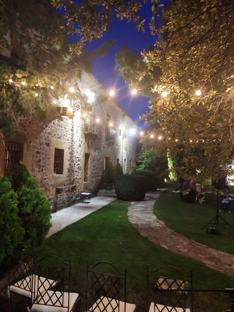 Jardín de noche con guirnaldas