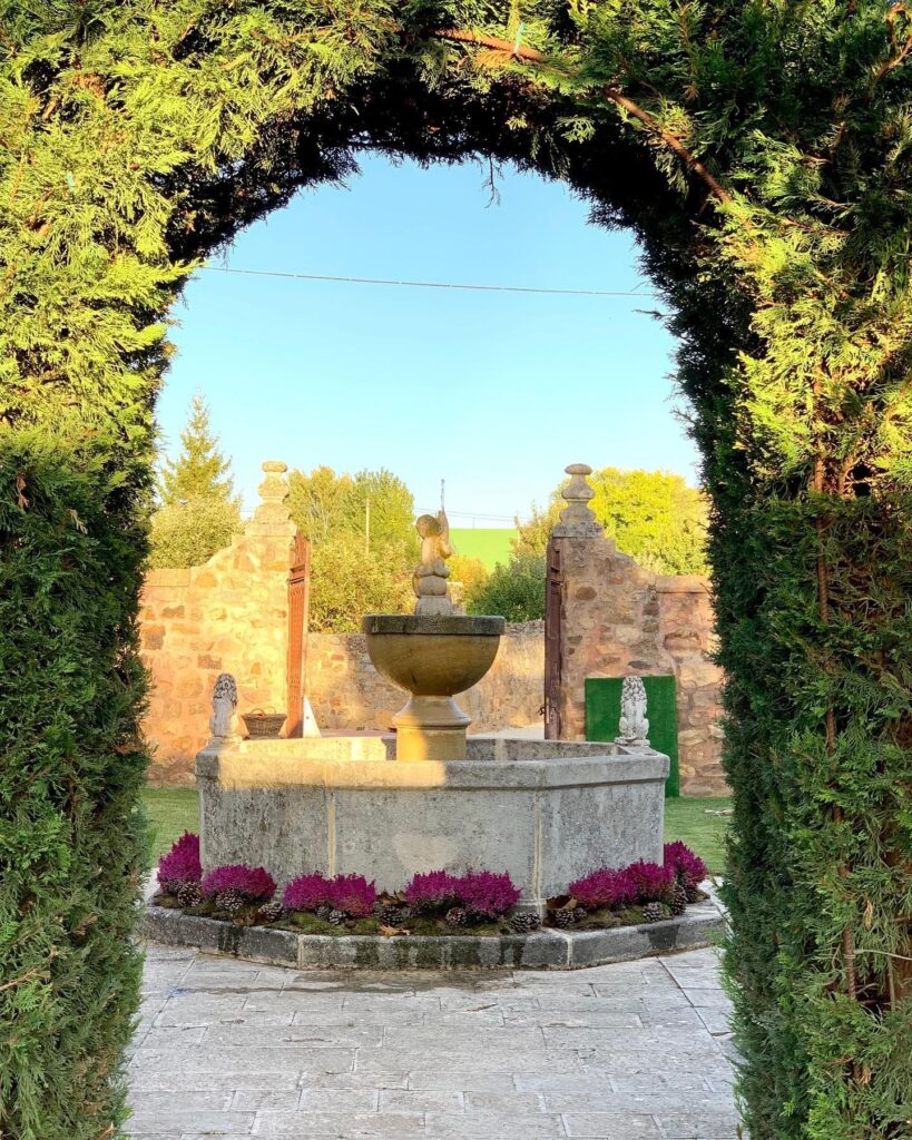 Patio empedrado con la fuente de piedra